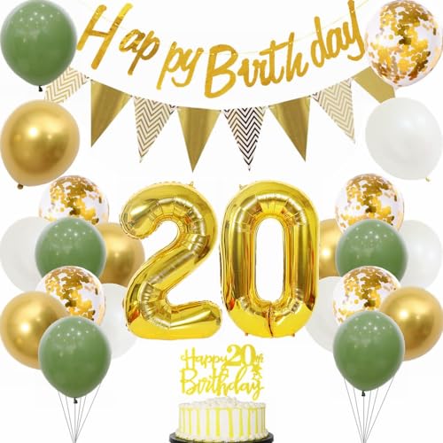 Yunchu Online Deko 20 Geburtstag Junge Mädchen 20 Jahre Geburtstag Party Dekoration 20. Geburtstag Tortendeko Sage Grün Weiß Gold Party Ballons für Geburtstagsdeko 20 Jahre Geburtstag Party Dekoration von Yunchu Online