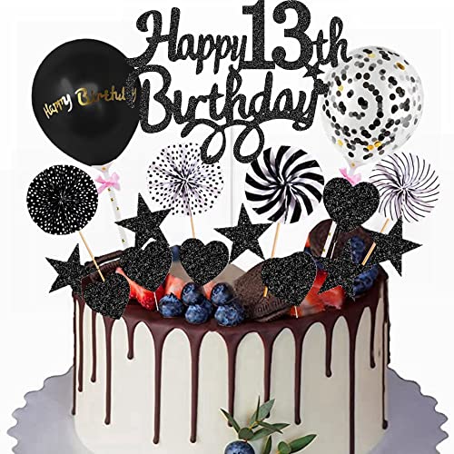 Yunchu Online Happy 13th Birthday Tortendeko Schwarz Tortendeko 13 Geburtstag Deko Kuchen Topper 13 jahre Junge Mädchen Kuchendeko 13. Geburtstag Schwarz Tortendeko für 13. Geburtstag Cupcake Toppers von Yunchu Online