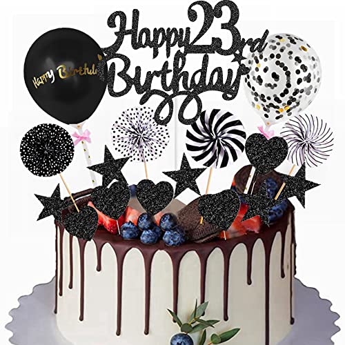 Yunchu Online Happy 23th Birthday Tortendeko Schwarz Tortendeko 23 Geburtstag Deko Kuchen Topper 23 jahre Mann Frau Kuchendeko 23. Geburtstag Schwarz Tortendeko für 23. Geburtstag Cupcake Toppers von Yunchu Online