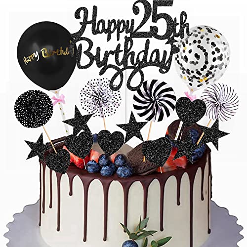 Yunchu Online Happy 25th Birthday Tortendeko Schwarz Tortendeko 25 Geburtstag Deko Kuchen Topper 25 jahre Mann Frau Kuchendeko 25. Geburtstag Schwarz Tortendeko für 25. Geburtstag Cupcake Toppers von Yunchu Online