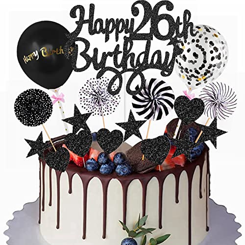 Yunchu Online Happy 26th Birthday Tortendeko Schwarz Tortendeko 26 Geburtstag Deko Kuchen Topper 26 jahre Mann Frau Kuchendeko 26. Geburtstag Schwarz Tortendeko für 26. Geburtstag Cupcake Toppers von Yunchu Online