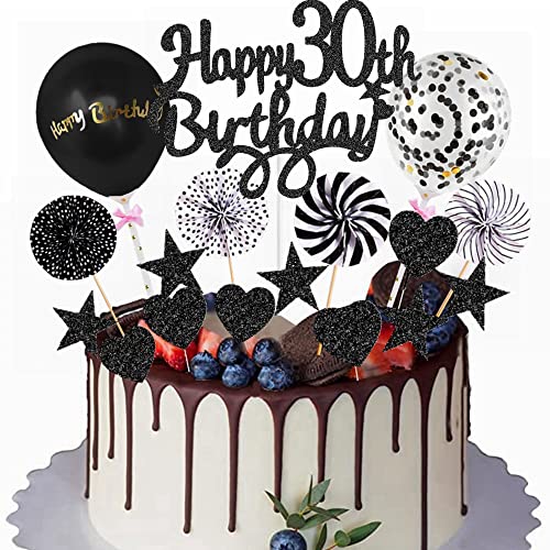 Yunchu Online Happy 30th Birthday Tortendeko Schwarz Tortendeko 30 Geburtstag Deko Kuchen Topper 30 jahre Mann Frau Kuchendeko 30. Geburtstag Schwarz Tortendeko für 30. Geburtstag Cupcake Toppers von Yunchu Online