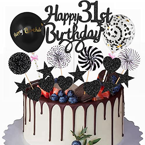 Yunchu Online Happy 31th Birthday Tortendeko Schwarz Tortendeko 31 Geburtstag Deko Kuchen Topper 31 jahre Mann Frau Kuchendeko 31. Geburtstag Schwarz Tortendeko für 31. Geburtstag Cupcake Toppers von Yunchu Online