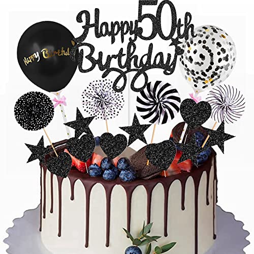 Yunchu Online Happy 50th Birthday Tortendeko Schwarz Tortendeko 50 Geburtstag Deko Kuchen Topper 50 jahre Mann Frau Kuchendeko 50. Geburtstag Schwarz Tortendeko für 50. Geburtstag Cupcake Toppers von Yunchu Online