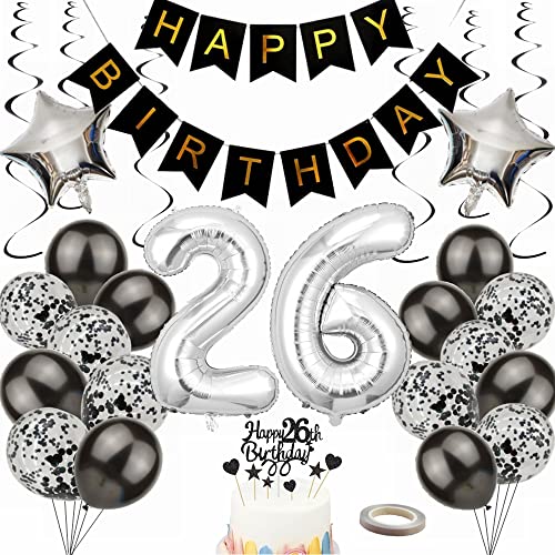 Yunchu Online Luftballon 26. Geburtstag Dekoration 26 Jahr Männer Frauen Black and Silber Party Deko 26. Geburtstag Männer Party Deko 26 Geburtstag Männer Deko Geschenk 26 jahre Geburtstag deko Ballon von Yunchu Online