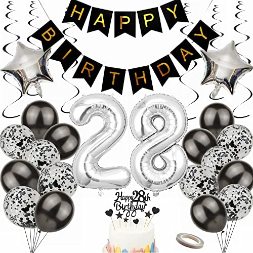 Yunchu Online Luftballon 28. Geburtstag Dekoration 28 Jahr Männer Frauen Black and Silber Party Deko 28. Geburtstag Männer Party Deko 28 Geburtstag Männer Deko Geschenk 28 jahre Geburtstag deko Ballon von Yunchu Online