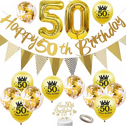 Yunchu Online Luftballon 50. Geburtstag Dekoration Männer Frau Gold Party Deko Tortendeko Geburtstag Banner Wimpelkette 50 Geburtstag Männer Deko Geschenk 50 jahre Geburtstag Deko Ballon von Yunchu Online