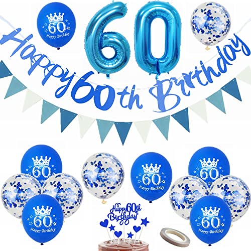 Yunchu Online Luftballon 60. Geburtstag Dekoration Männer Frau Blau Party Deko Tortendeko Geburtstag Banner Wimpelkette 60 Geburtstag Männer Deko Geschenk 60 jahre Geburtstag Deko Ballon von Yunchu Online