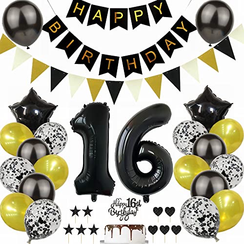 Yunchu Online Schwarz Gold 16. Geburtstag Dekoration Mann Frau 16. Geburtstag Schwarz Gold Party Deko Schwarz Tortendeko Geburtstag 16 Geburtstag Deko Geschenk 16 Geburtstag Deko Ballon von Yunchu Online