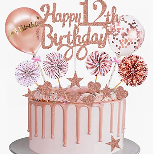 Yunchu Online Tortendeko 12. Geburtstag Mädchen Happy 12th Birthday Cake Topper Roségold Kuchen Topper 12 jahre Mädchen Kuchendeko 12. Geburtstag Tortendeko für 12. Geburtstag Cupcake Toppers von Yunchu Online