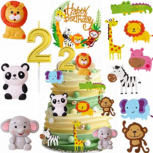 Yunchu Online Tortendeko 2. Geburtstag für Baby Kinder Mädchen Safaritiere Kuchendekoration Waldtiere Figuren Happy Birthday Kuchendeko Tiere Geburtstag Deko Kuchen Topper für 2 Jahr Junge Mädchen von Yunchu Online