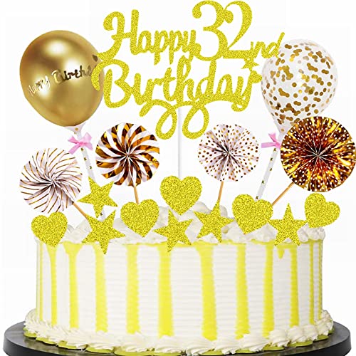 Yunchu Online Tortendeko 32. Geburtstag Mann Frau Happy 32th Birthday Cake Topper Gold Kuchen Topper 32 jahre Mann Frau Kuchendeko 32. Geburtstag Tortendeko für 32. Geburtstag Cupcake Toppers von Yunchu Online