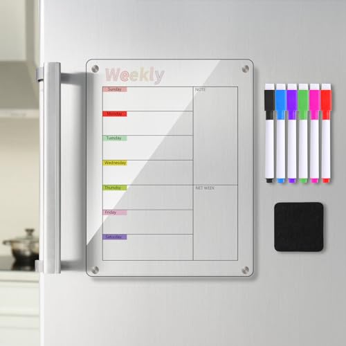 Yungeln Magnetische trocken abwischbare Kalendertafel Planungstafeln für Kühlschrank 30cm x 20cm, Acryl Kalender Planer wiederverwendbarer mit 6 Farbigen Markern, Radiergummi von Yungeln