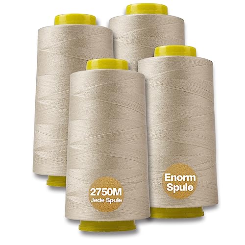 NäHgarn Overlockgarn 100% Polyester Beige NäHgarn Set FüR NäHgarn Faden Garn NäHmaschine 4 NäHgarn Zwirn ReißFest NäHmaschinengarn Thread NäHfaden Overlock Garn 40/2 Je 2745 M, Insgesamt 11000m von Yungensse