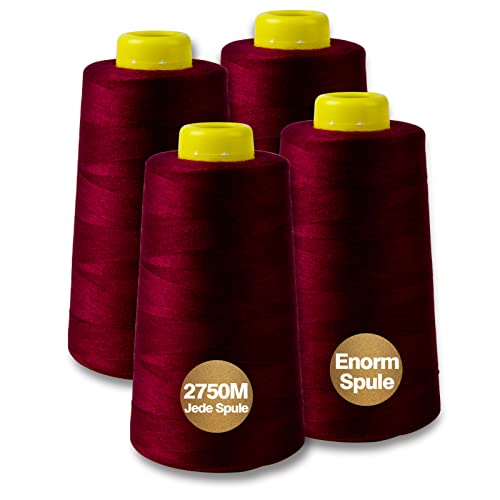 NäHgarn Overlockgarn 100% Polyester Burgund NäHgarn Set FüR NäHgarn Faden Garn NäHmaschine 4 NäHgarn Zwirn ReißFest NäHmaschinengarn Thread NäHfaden Overlock Garn 40/2 Je 2745 M, Insgesamt 11000m von Yungensse