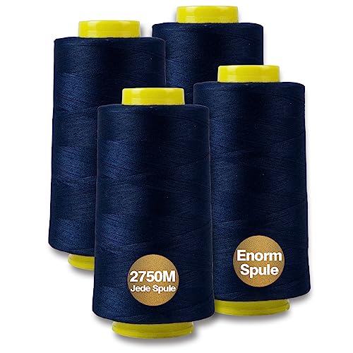 NäHgarn Overlockgarn 100% Polyester Marineblau NäHgarn Set FüR NäHgarn Faden Garn NäHmaschine 4 NäHgarn Zwirn ReißFest NäHmaschinengarn Thread NäHfaden Overlock Garn 40/2 Je 2745 M, Insgesamt 11000m von Yungensse