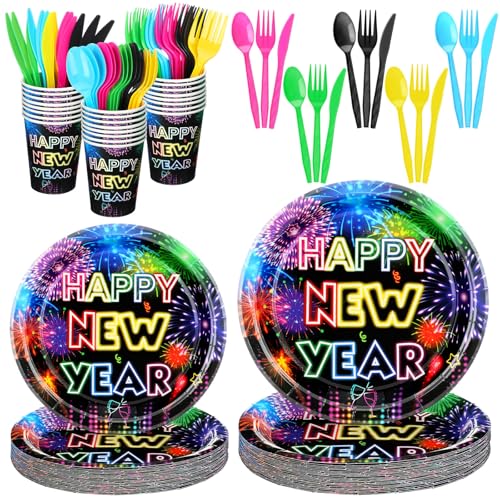 Yungyan 150 Stück Happy New Year Neon Dekorationen Glow New Year Party Geschirr Set für 25 Gäste, Neujahr Einweg-Partyzubehör Neujahr Teller Tasse Messer Löffel Gabel für Silvester Party Dekor von Yungyan