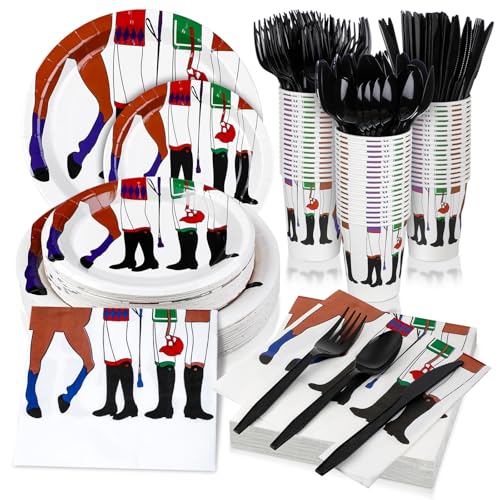 Yungyan 252 Stück Derby Day Teller und Servietten Set Kentucky Party Dekorationen Pferderennen Papierservietten Pferd Pappteller Pferde Becher Messer Löffel Gabeln Derby Pferd Party Geschirr für 36 von Yungyan