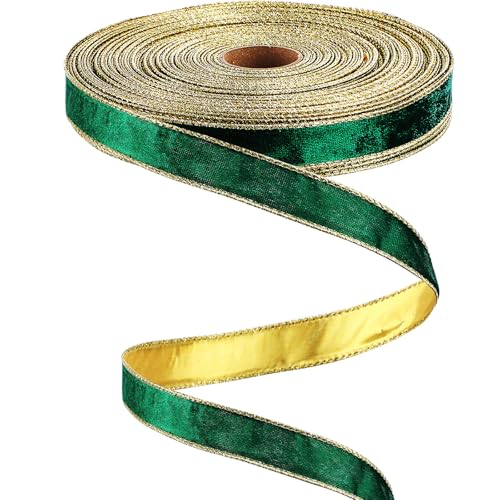 Yungyan Weihnachts-Samtbänder mit Drahtrand, Weihnachtsgeschenk, Schleife, Geschenkband, Filzband für Weihnachtsbaumschmuck, Vintage-Kranz, Outdoor-Bastelarbeiten (Grüngold, 2,5 cm x 60 m) von Yungyan