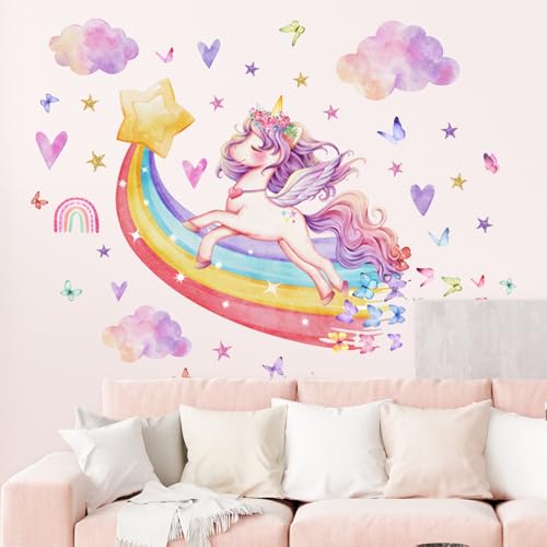 Yunkctuk Wandtattoo Kinderzimmer Mädchen Regenbogen Wandsticker Einhorn Wandaufkleber Schmetterling Wand Stickers Wanddeko für Kindergarten Wohnzimmers Spielzimmers Aktivitätsraums von Yunkctuk