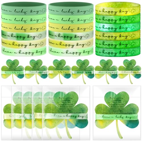 Yunlly 24 Sets St. Patrick's Day irisches Kleeblatt, Glücksarmband, leuchtendes Silikonarmband, Kleeblatt, Segenskarten und Taschen, St. Patrick's Day, Partygeschenke, Geschenk für Frauen, Familie, von Yunlly