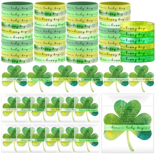 Yunlly 48 Sets St. Patrick's Day Irish Shamrock Lucky Luminous Silicone Bracelet Wristband Shamrock Blessing Cards and Bags St. Patrick's Day Party Favors Gift for Women Family Friend Coworkers von Yunlly