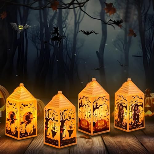 Yuragim 4 Stück Halloween Laterne, Halloween Deko Licht Innen/Outdoor Halloween LED Kerzenlaterne mit Batterie, Kürbis, Totenkopf-Muster Laternenlichter für Halloween Party Innen Außen Laterne von Yuragim