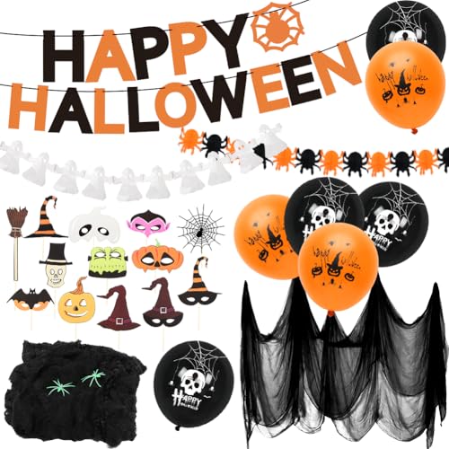 Yuragim Halloween Dekoration Gruselig Set, Happy Halloween Banner Party Luftballons Kürbis Geister Girlande für Karneval Halloween Weihnachten Geburtstag Neujahrsparty von Yuragim