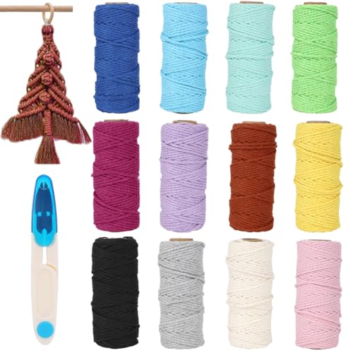 Yuragim Makramee Garn, 12 Stück 2mm x 30M Makramee Set mit Schere, Makramee Garn 2mm, Makramee Baumwollgarn für DIY Handwerk Basteln Stricken Boho Wandbehang Deko Wohnzimmer Balkon Schlafzimmer, Bunt von Yuragim