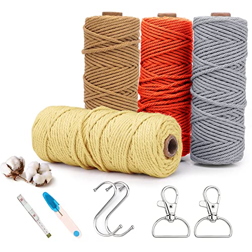 Yuragim Makramee Garn 3mmx50m Bunt Farbverlauf 4er Set, Farbig Makramee Set mit Makramee Zubehör Natur Baumwollgarn Makramee Set Anfänger für DIY Handwerk Boho Deko Hochzeit Wandbehänge Blumenampel von Yuragim