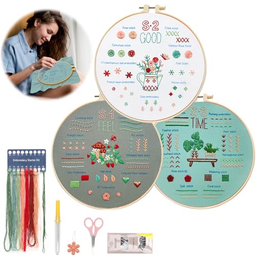 Yuragim Stickerei Set Anfänger, Sticken Set Erwachsene Blumenmuster Pflanzen Embroidery Kit Starter Tools Kit mit Stickrahmen, Farbfäden und Anleitung, Kreuzstich Set für DIY Kunst, Handwerk, Sticken von Yuragim