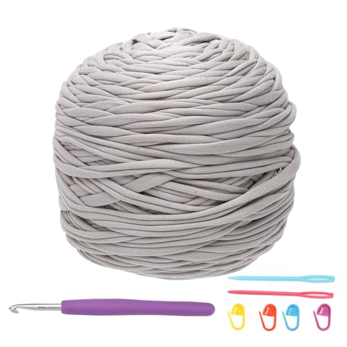 Yuragim T-Shirt Garn, 285g/100m Textilgarn zum Häkeln für Körbe Bändchengarn Baumwollband mit 5 mm Häkelnadel, Häkelgarn T Shirt Yarn zum Häkeln Häkelkorb Taschen Teppiche Wandbehang Makramee,Hellgrau von Yuragim