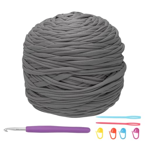 Yuragim T-Shirt Garn, 285g Textilgarn zum Häkeln für Körbe Bändchengarn Baumwollband mit 5 mm Häkelnadel, Häkelgarn T Shirt Yarn zum Häkeln Häkelkorb Taschen Teppiche Wandbehang Makramee, Dunkelgrau von Yuragim