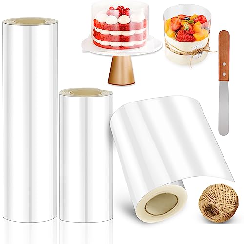 Yuragim Tortenrandfolie, Transparent Acetat Rolle, 3 Stk Acetat Folie, Folie Torten Folienrand, Acetate Sheet Kuchen Kragen für Torte, für Mousse Dekoration Mit Bindegarn und 4"-Messer (8/10/15cm*10m) von Yuragim