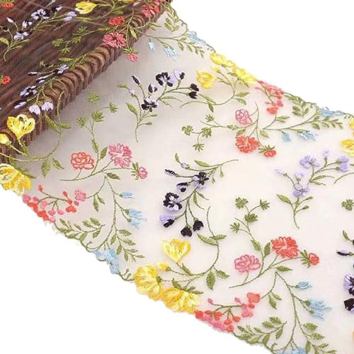 Yurosaiy 2 Yard Blumen Bestickte Spitzenborte 23cm Breite Transparente Tüll Stickerei Spitzen Bunt Blume Blatt Mesh Stickerei Spitzenbesatz Vintage Spitzenband Spitzenbordüre Zum Nähen Beige von Yurosiay