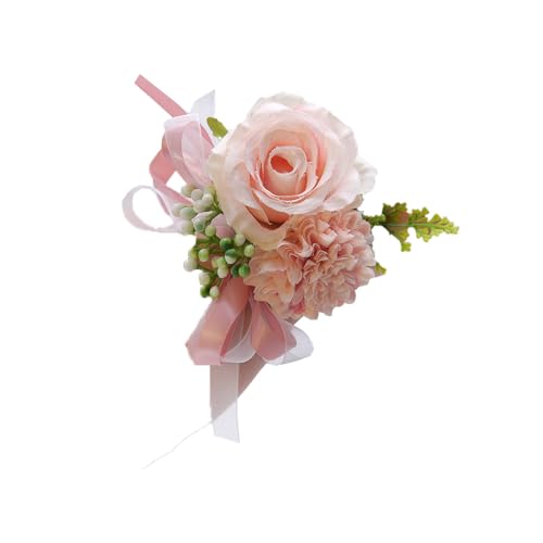 Yurosiay 1 Stück Handgelenk Blumen Hochzeit Blumenarmband Künstliche Seidenblume Blätter Armband mit Schleifenband Ansteckblume blumenarmbänder für Hochzeit Brautjungfer Dekoration Rosa von Yurosiay