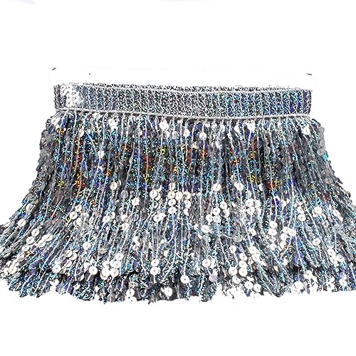 Yurosiay 10 Yard Pailletten Fransen Borte 16cm Dichter Paillettenbesatz Funkelnde Laserpailletten Schnittfranse Fransenbordüre Glitzer Fransenband Tanzfransen Fransenborte zum Nähen Silber von Yurosiay