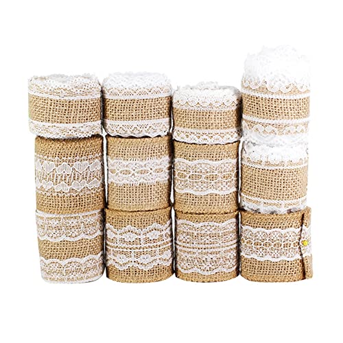 Yurosiay 12 Rollen 2m Juteband Spitzenband Vintage Juteband Spitze Natürliche Sackleinenrolle Mit Weisse Spitzen Spitzenband Jute für DIY Handwerk Hochzeit Dekoration Geschenkverpackung Hanffarbe von Yurosiay