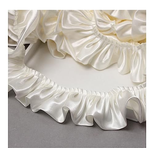 Yurosiay 15m×5.5cm Satin Plissee Spitzenborte Doppelte Bunt Rüschen Plissee Borte Gekräuselte Satin Spitzenband Rüschenborte zum Nähen Satin Rüschenbesatz für DIY Nähen Basteln Beige von Yurosiay