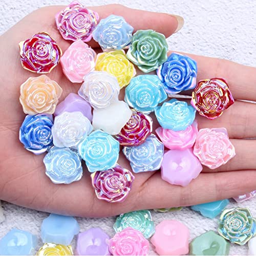 Yurosiay 200 Stück 3D Harz Rosen 18mm Ohne Loch Flache Perlen Rosen Mini Kamee Cabochon Rosen DIY Blumen Perlen Mit Flacher Rückseite Halbrunde Perlen Rosen Charms für DIY Basteln Bunt von Yurosiay