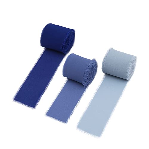 Yurosiay 3 Rollen Dekoband Chiffon 3 Farben Handgefertigt Fransen Chiffonband Chiffon Schleifenband Geschenkband Bänder Chiffon für Hochzeit Blumensträuße Geschenkverpackungen 4cm×5m Blau von Yurosiay