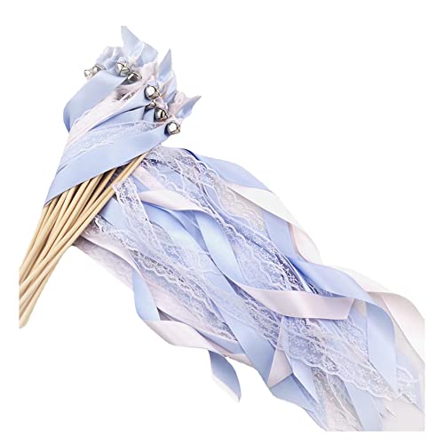 Yurosiay 30 Stück Wedding Wands Glöckchen Hochzeit Zauberstäbe Mit Buntes Satinband Weiße Spitze Luftschlangen Hochzeit Feenstäbe Glücksstäbe Hochzeit Seidenfeenstab für Hochzeiten Party Blau von Yurosiay