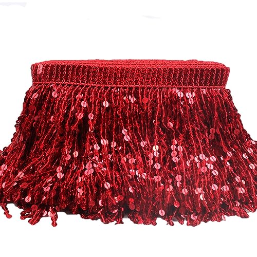 Yurosiay 5 Yard Pailletten Fransen Borte 16cm Dichter Paillettenbesatz Funkelnde Laserpailletten Schnittfranse Fransenbordüre Glitzer Fransenband Tanzfransen Fransenborte zum Nähen Rot von Yurosiay