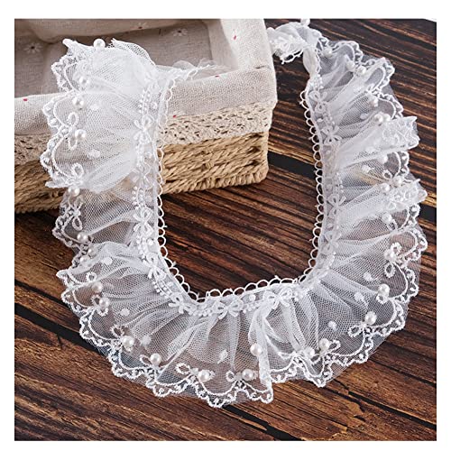 Yurosiay 5 Yard Weiße Tüll Spitzenband 6cm Breit Doppelschicht Rüschen Plissee Spitzenborte Plissierte Organza Spitzenbesatz Mit perlen Blumen Stickerei Rüschenbesatz für Kleidung Nähen von Yurosiay