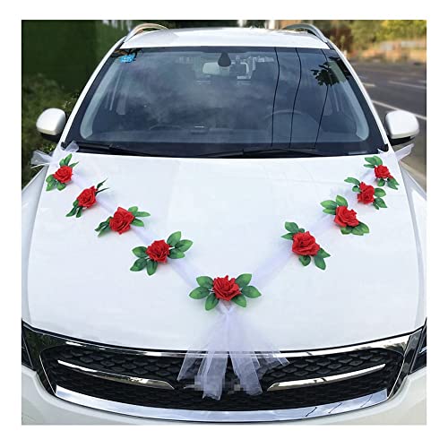 Yurosiay Autoschmuck Hochzeit Auto Blumenschmuck Weiße Organzaband Romantische Rot Rose Deko Girlande Auto Hochzeit Autoschmuck Blumen Girlande Hochzeitsschmuck Auto Hochzeitsdeko Auto 5# von Yurosiay