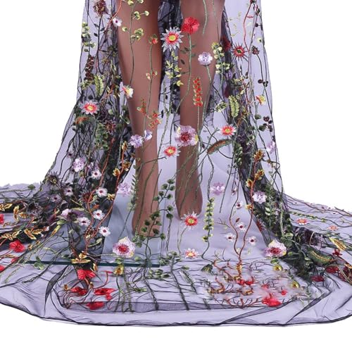 Yurosiay Blumen Bestickter Spitzenstoff 100×150cm Tüllstoff Mit Stickerei Blumenpflanze Netzstoff Mode Blumenstickerei Stoff Bunt Blumen Bestickter Tüll Meterware Tüll Stoff zum Nähen Schwarz von Yurosiay