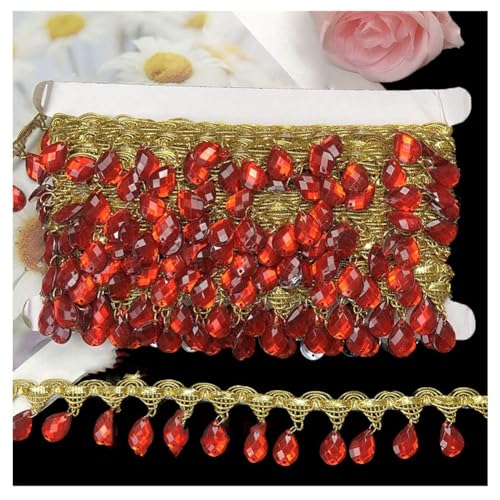 Yurosiay Bunt Perlen Fransenborte 5Yard×3.5cm Glitzer Perlen Strass Fransenbesatz Geflochtene Hängende Acryl Perlen Quastenbesatz Vintage Bauchtanz Quaste Borte Tanzfransen Nähen Rot von Yurosiay