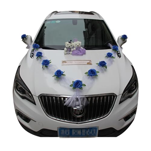 Yurosiay Hochzeitsauto Dekoration Blumen Seidenblume Auto Schmuck Braut Paar Rose Deko Girlande Wedding Hochzeit Deko Tüll Schleife PKW Girlande Car Deko Blau mit Bär von Yurosiay