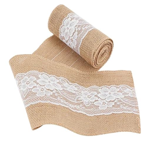 Yurosiay Juteband mit Spitze 15cm×240cm Natürliche Juteband Spitzenband Vintage Basteln Jutebänder Dekoband Jute Mit Weiße Spitze Sackleinen Band Leinenband für Hochzeit Party Geschenkverpackung von Yurosiay