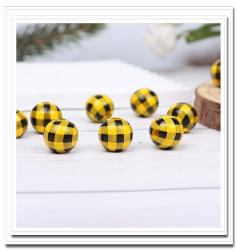 Yurosiay Karierte Holzperlen Weihnachts Holzperlen Plaid Holzperlen Weihnachtsperlen Ostern Holzperlen Bunte Holzperlen Gebohrte Holzkugeln Lose Perlen Holzperlen Runde Holzperlen 16mm #9 100 Stück von Yurosiay